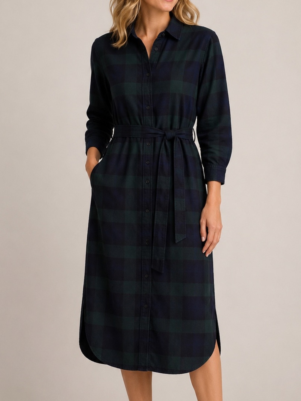 UNIQLO 100% Cotton Plaid Shirt Dress Belted Long Sleeve Button Front Size Medium